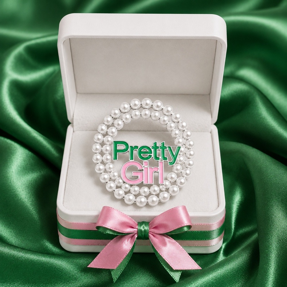 AKA Pretty Girl Pearl Brooch Pink Green Enamel Silver Tone Sorority Pin 1.77in